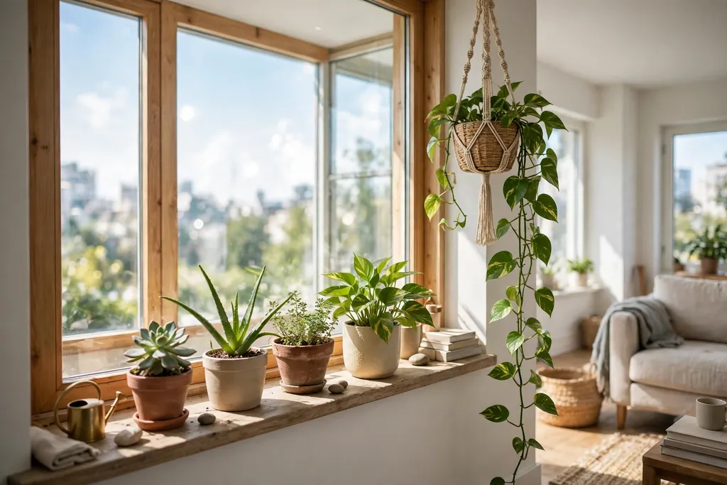 Windowsill plants and a hanging trailing plant in a bright apartment.