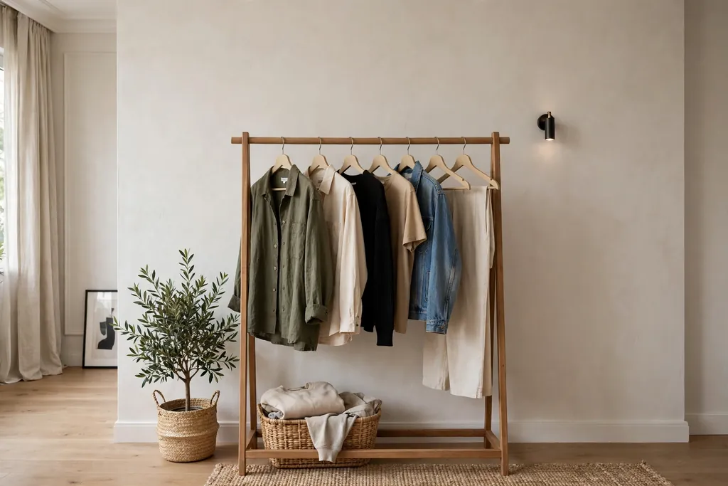 Garment rack with clothes on matching hangers against an apartment wall.