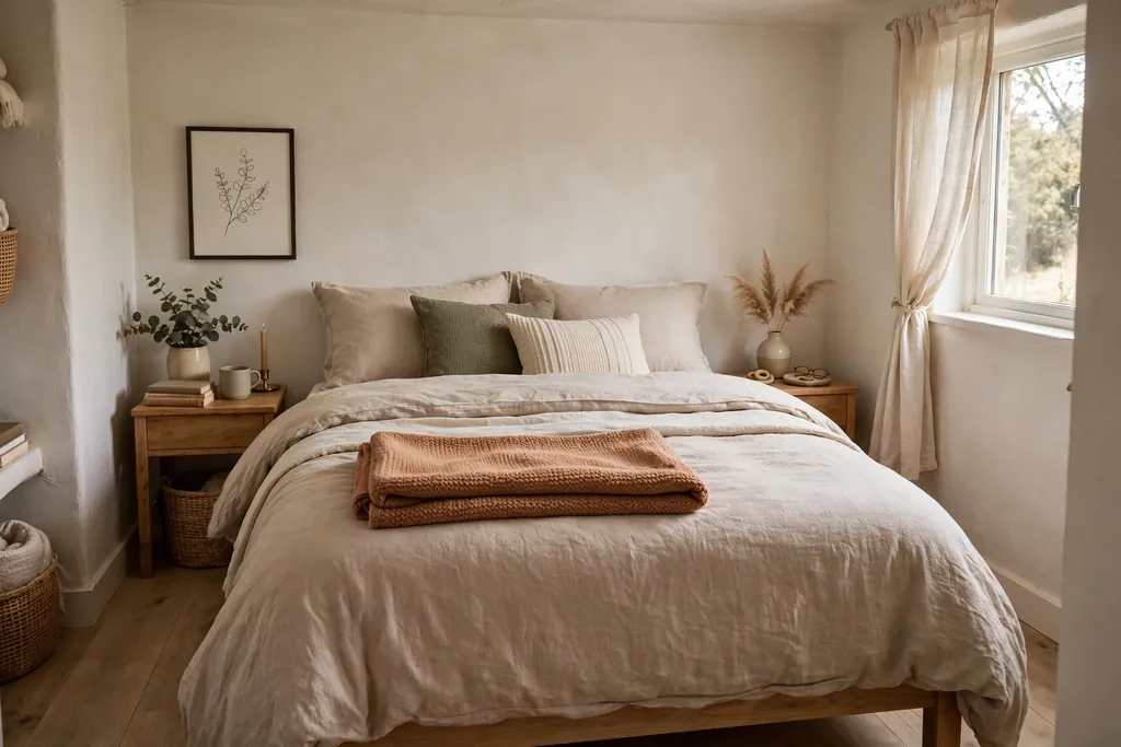 Neatly layered bed with a duvet, throw, and cushions.