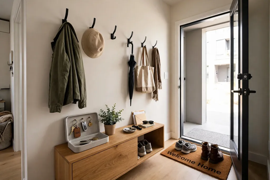 Apartment entry with wall hooks, a key tray, and shoe mat by the door.