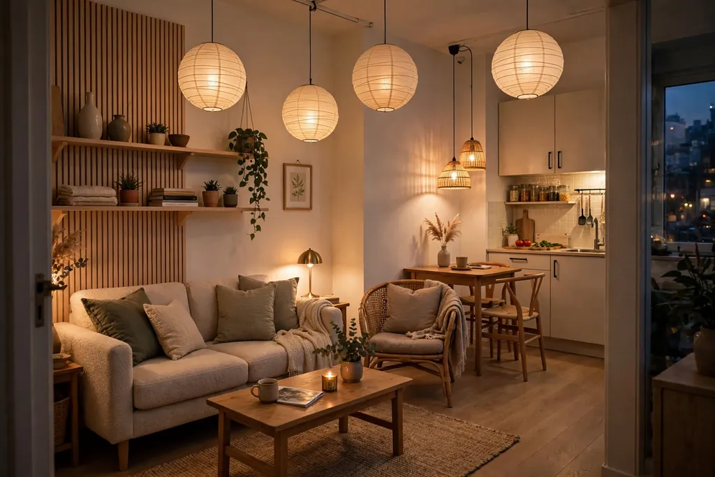 Small apartment living area lit by warm lamps in the evening.