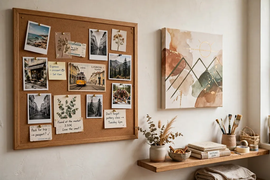 Cork memory board with photos beside DIY canvas art on a wall.