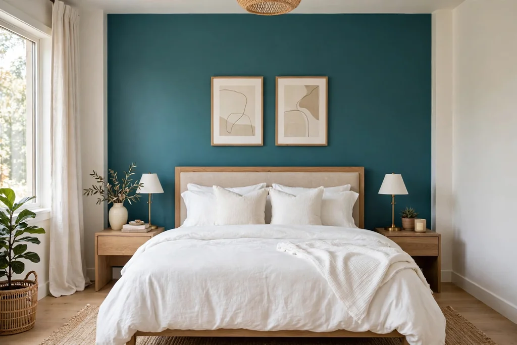 Bedroom with a teal accent wall behind a bed with white bedding.