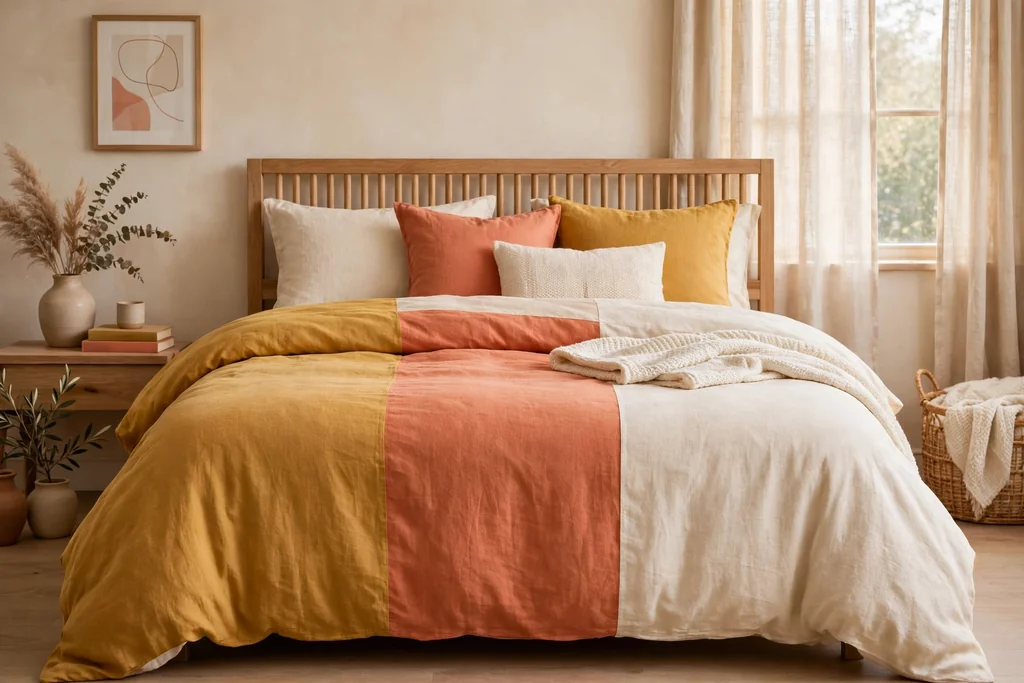 Bed with color-blocked bedding in mustard, coral, and cream tones.