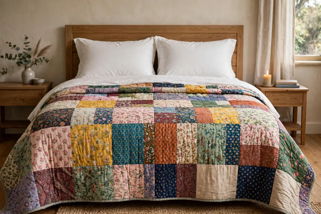 Bed with a multicolor patchwork quilt and plain white pillows.