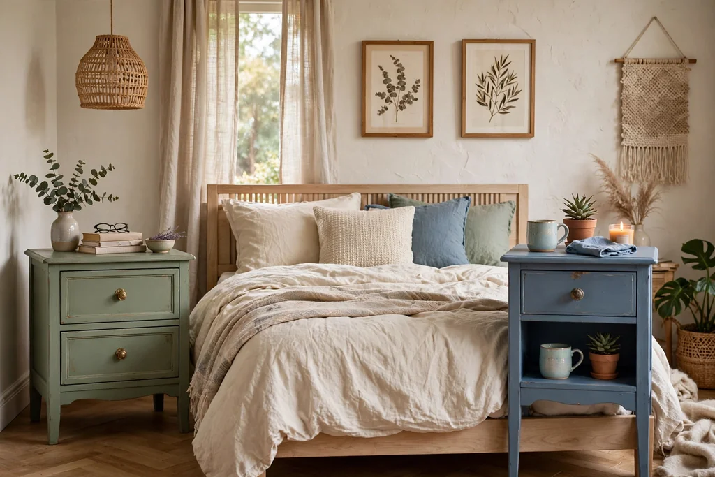 Bedroom with two mismatched painted nightstands in sage and dusty blue beside a bed.