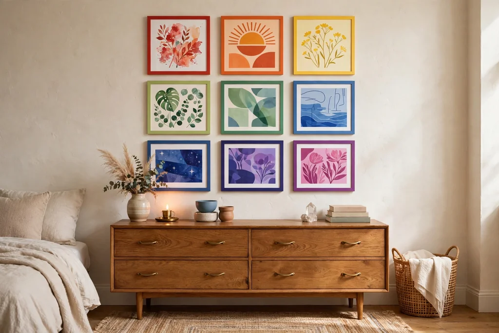Bedroom wall with a rainbow gallery wall of colorful framed prints above a dresser.