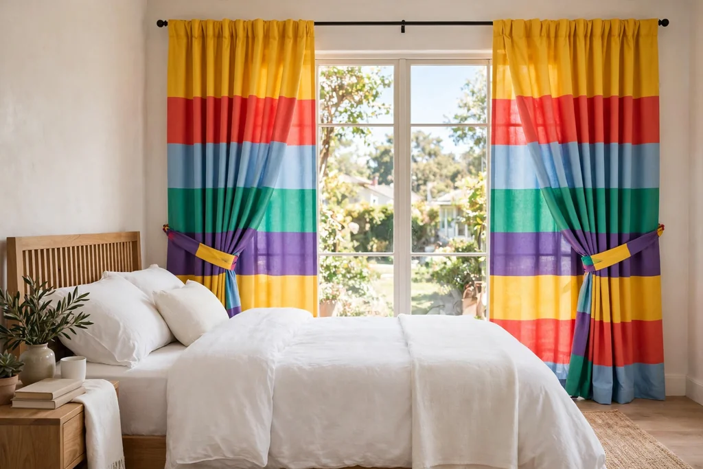 Bedroom window with bold striped colorful curtains and plain white bedding.