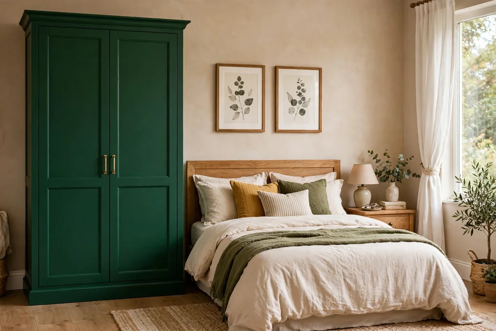 Bedroom with a bold deep green painted wardrobe beside a bed.