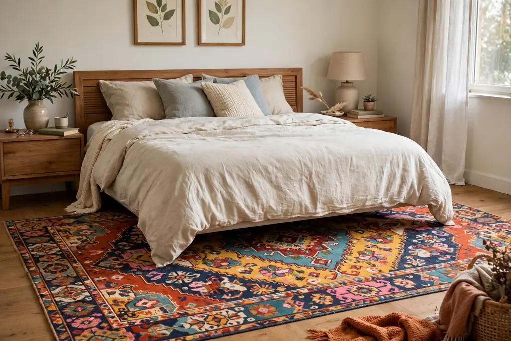 Bedroom with a large colorful patterned rug under the lower half of a bed.