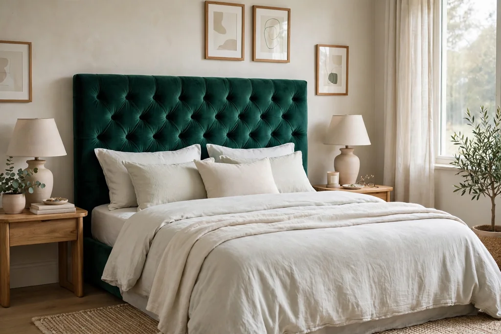 Bedroom with an emerald velvet headboard and pale bedding.
