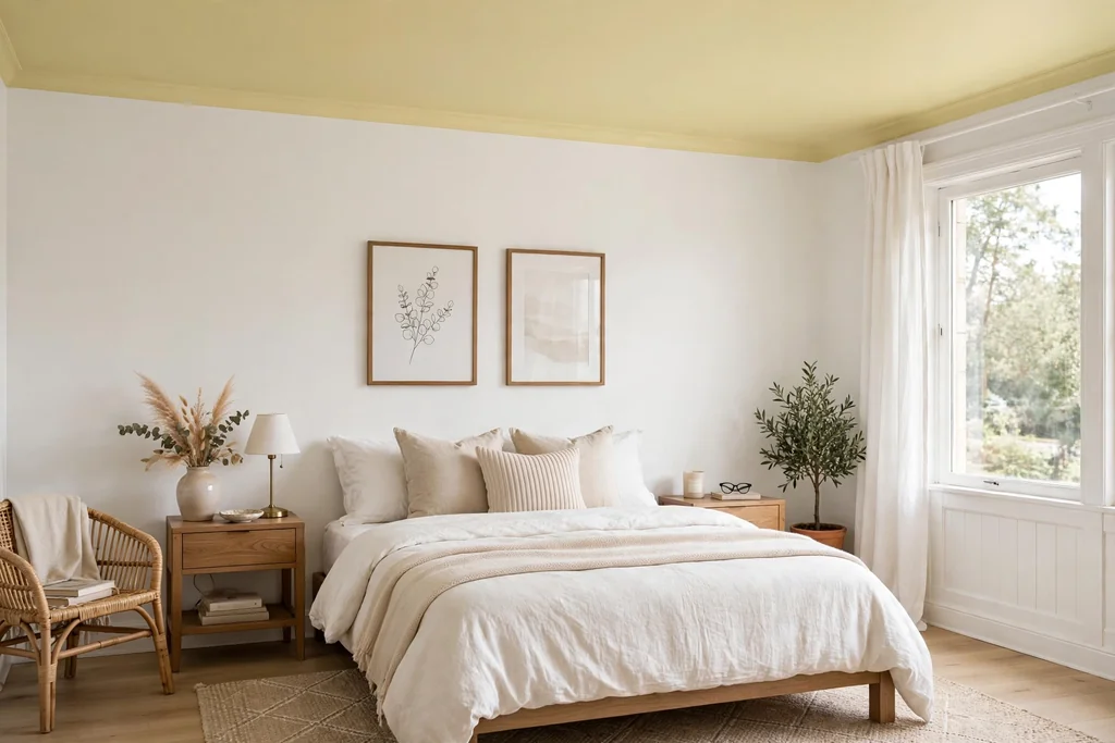 Bedroom with a pale butter yellow painted ceiling and white walls.