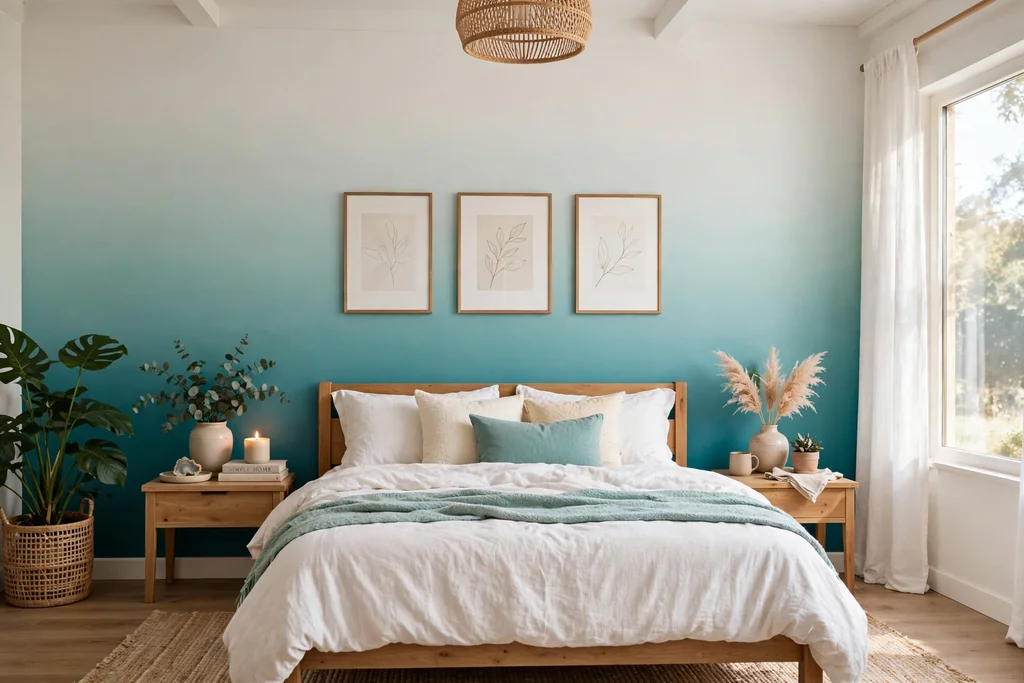 Bedroom wall painted in an ombre fade from teal at the bottom to white at the top.