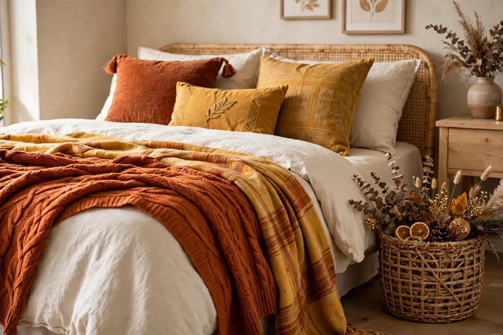 Bed with bright seasonal throws and cushions in rust and gold tones beside a basket.