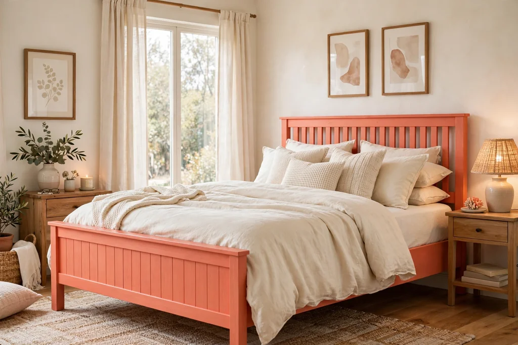 Bedroom with a cheerful coral painted bed frame and calm cream bedding.