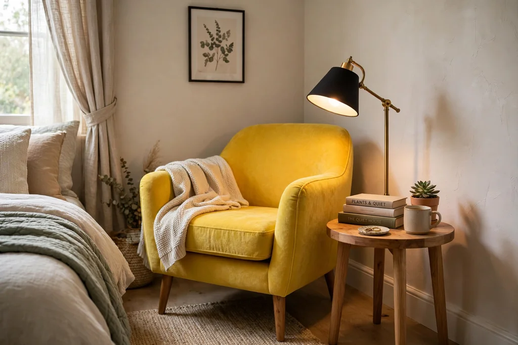 Bedroom corner with a bright yellow armchair, small side table, and reading lamp.