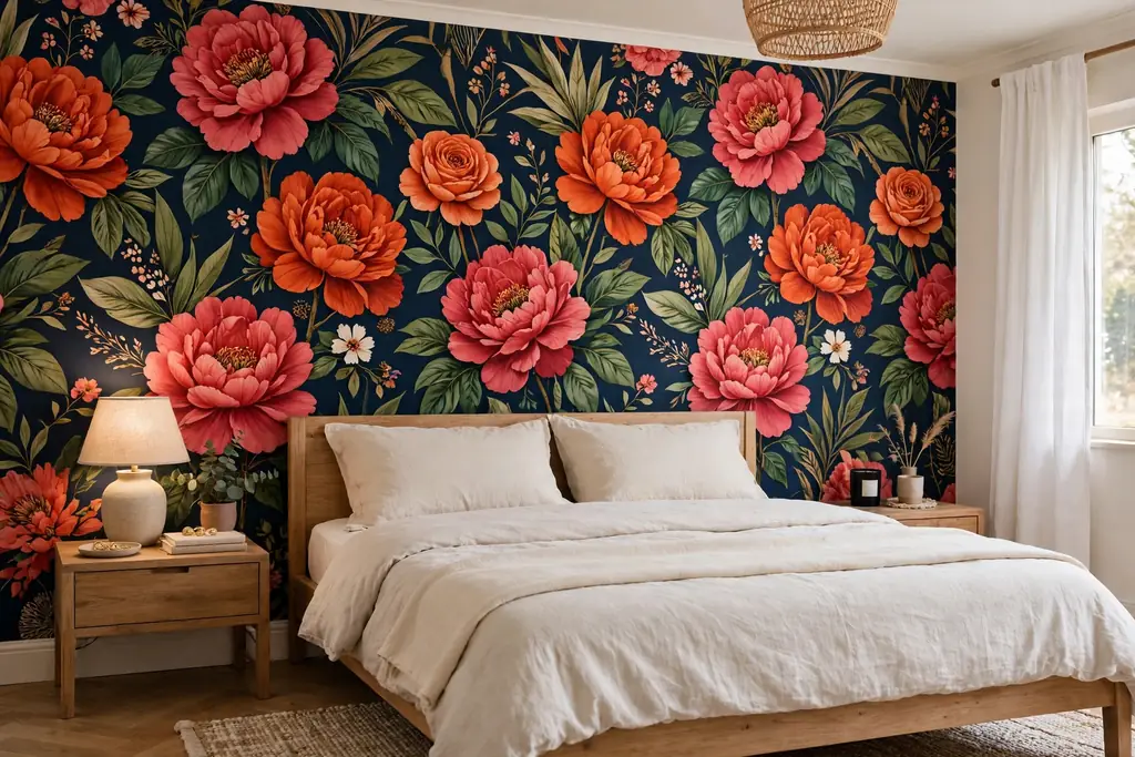 Bedroom bed wall with bold floral peel-and-stick wallpaper and plain bedding.