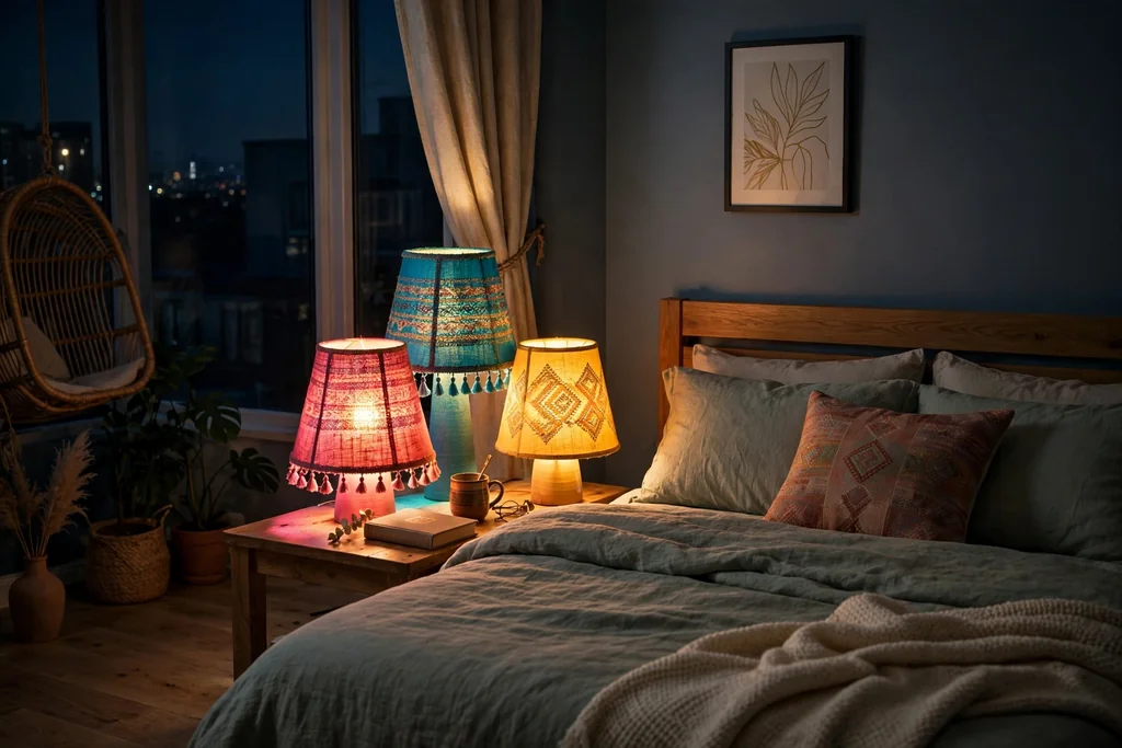 Bedroom at night with colorful lampshades glowing warm light beside a bed.