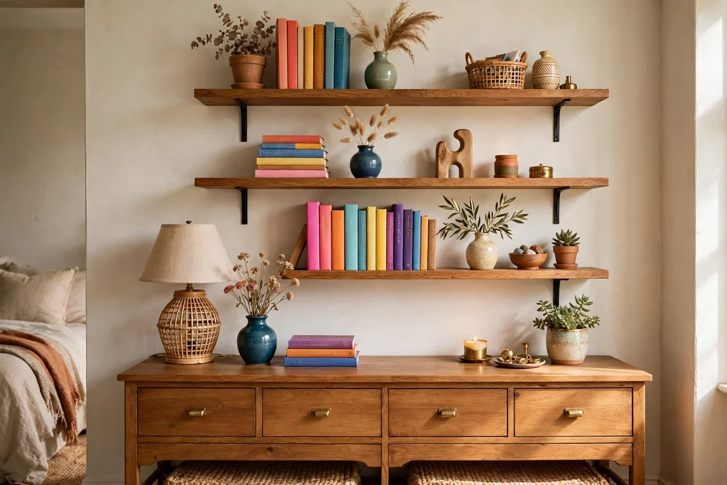 Bedroom open shelves above a dresser styled with colorful books, vases, and objects.