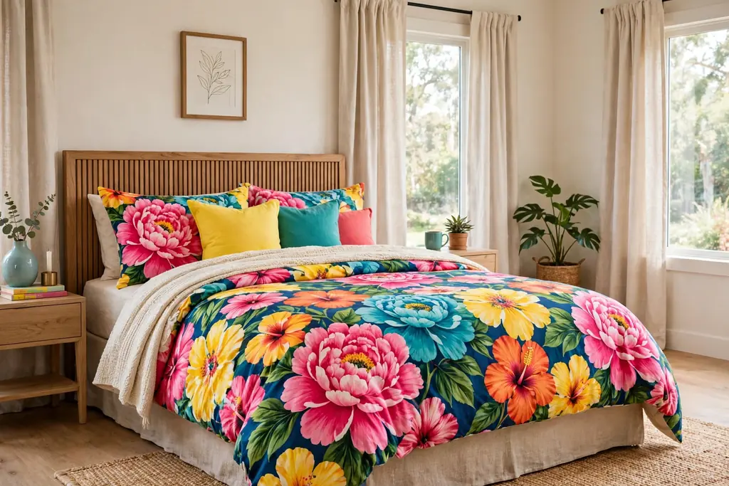 Bed with bold large-scale floral bedding in bright colors and plain curtains.