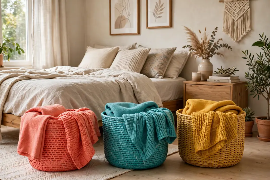 Bedroom with bright woven baskets in coral, teal, and mustard holding throws.