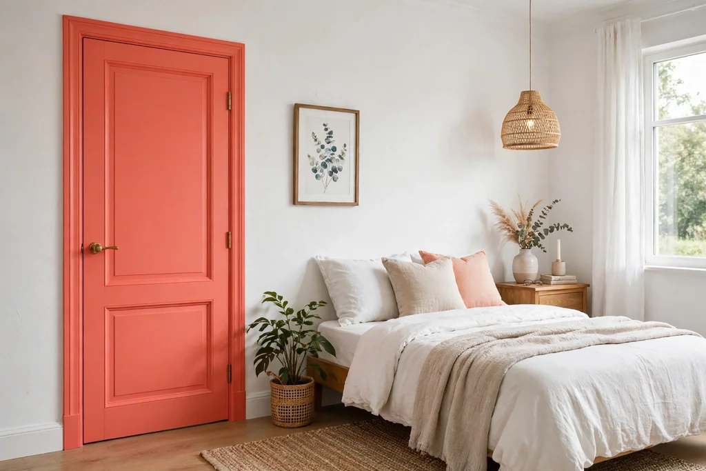 Bedroom with a bright coral painted door and white walls.