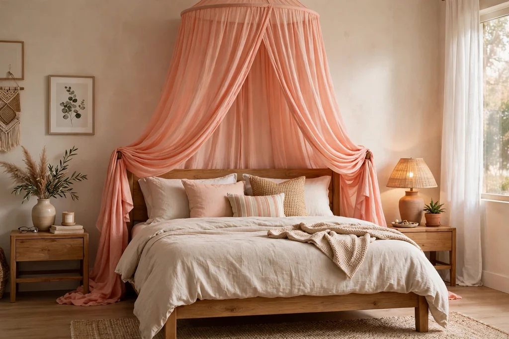 Bedroom bed with a light coral bed canopy draped above it.