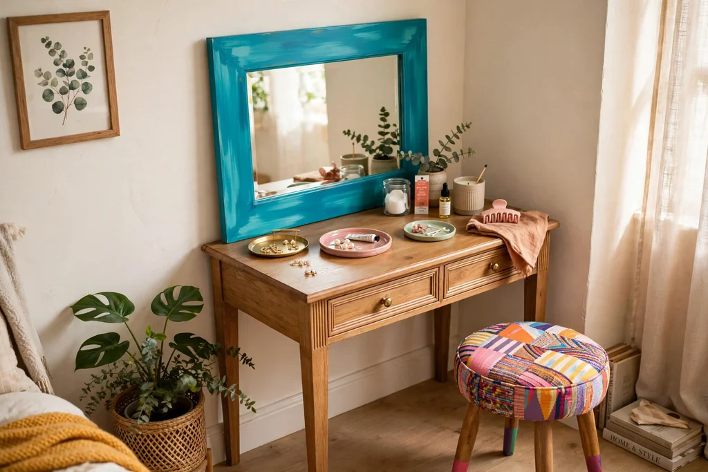 Bedroom corner vanity with a bright painted frame, colorful stool, and small trays.