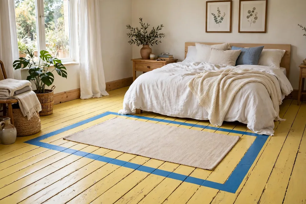 Bedroom with bright painted floorboards in a blue border around a plain rug.