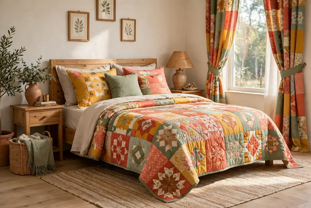 Bedroom built around one bright quilt, with matching cushions and curtains in shared tones.