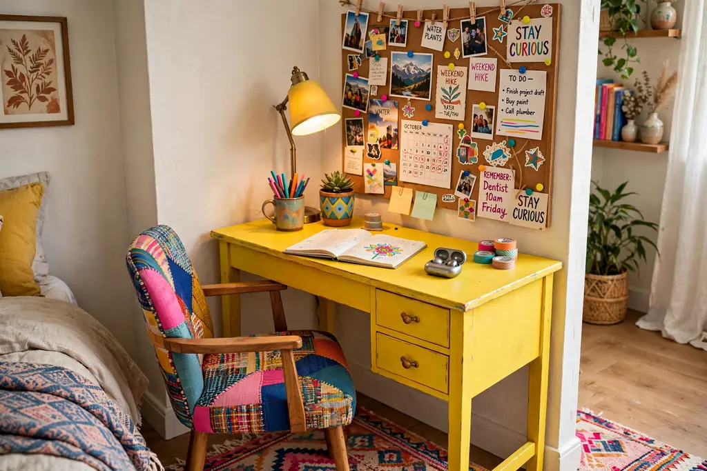 Bedroom corner desk with a bright painted desk, colorful chair, and bold pinboard.