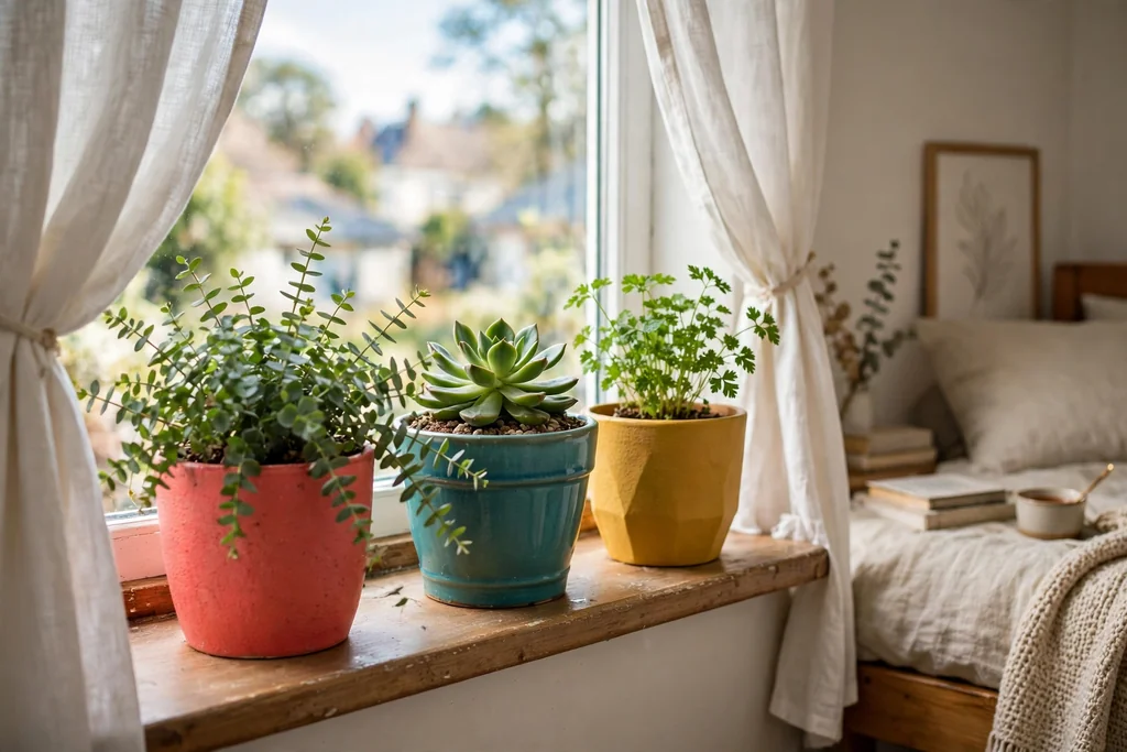 Bedroom windowsill with potted plants in bright coral, teal, and mustard pots.