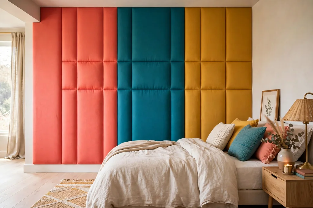 Bedroom wall with bright fabric wall panels in coral, teal, and mustard beside a bed.