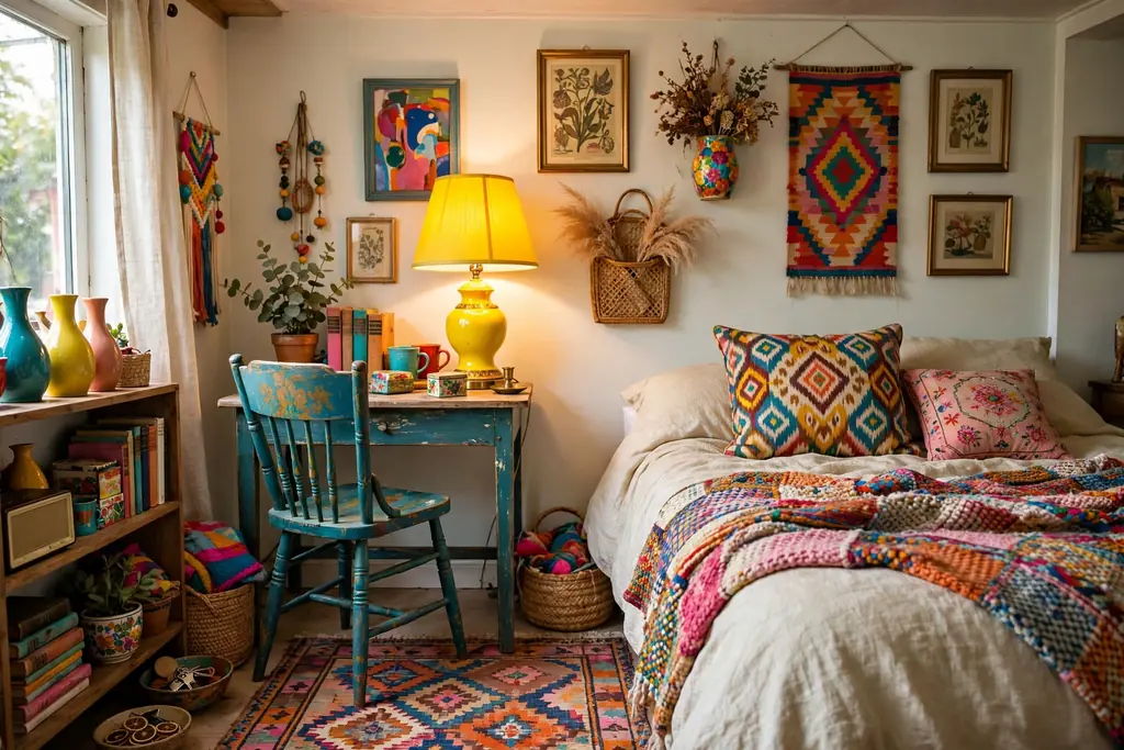 Bedroom with thrifted colorful pieces, a painted chair, bright lamp, and patterned cushion.
