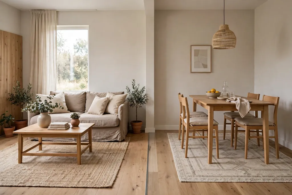 Small living dining room with one rug under the sofa and a second rug under the dining table, a clear walkway between them.