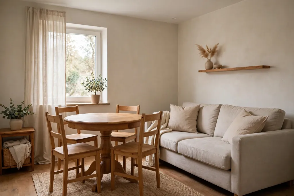 Small living dining room with a round pedestal dining table beside a sofa, four chairs tucked around it.