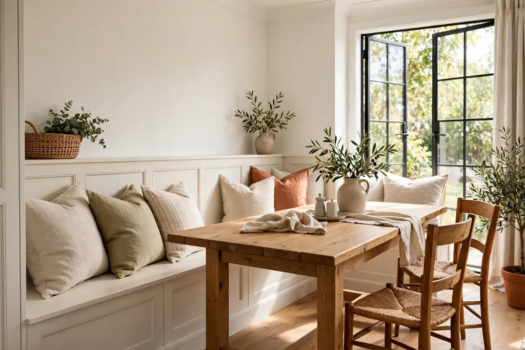 Dining corner with a banquette bench along the wall, cushions, and a table with loose chairs on the open side.