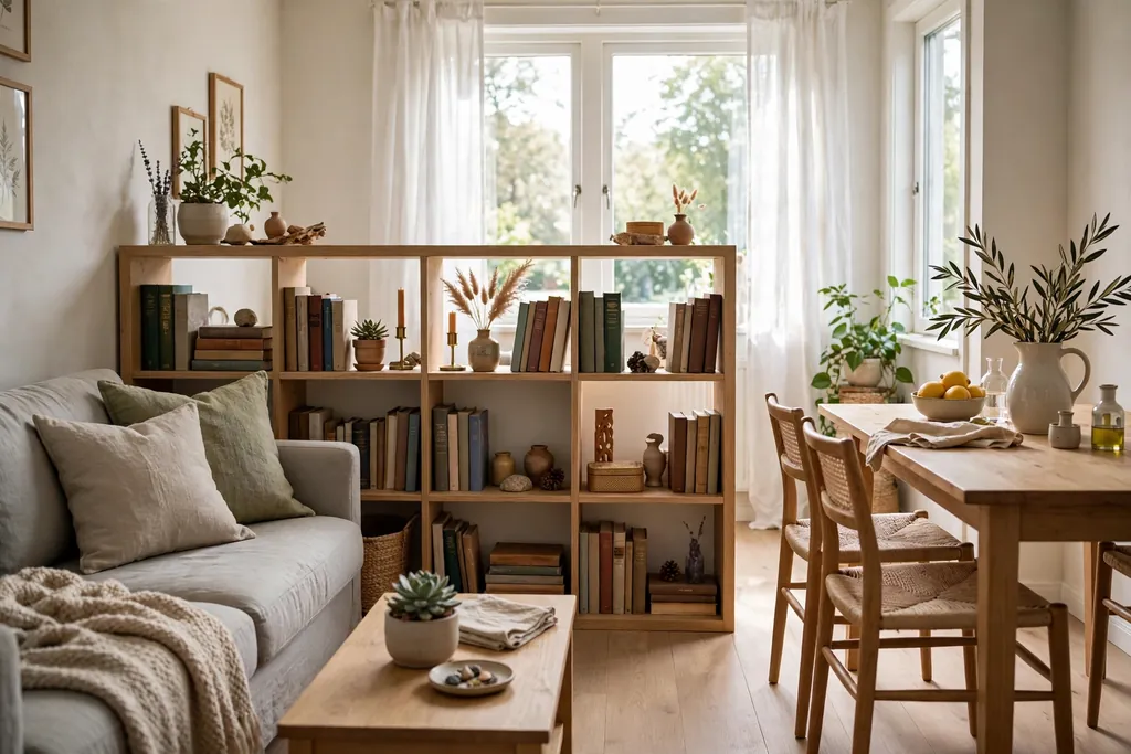 Low open bookcase dividing a sofa area from a dining table, books and objects visible from both sides.