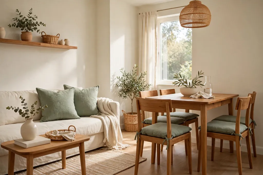 Small living dining room in one calm colour palette, with matching cushions on the sofa and dining chair pads.