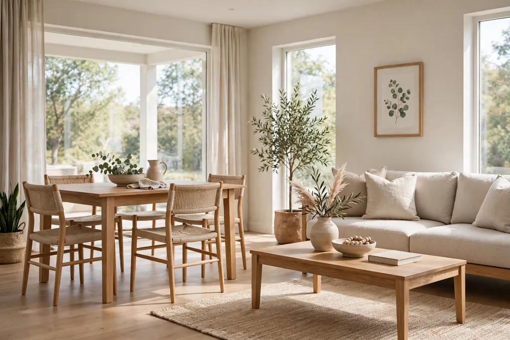 Living dining room with matching oak finishes on the dining table, coffee table, and sofa legs.