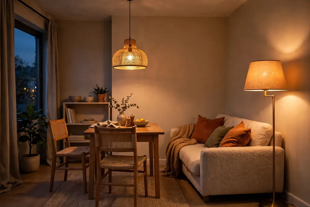 Small living dining room with a pendant over the dining table and a warm floor lamp beside the sofa in the evening.