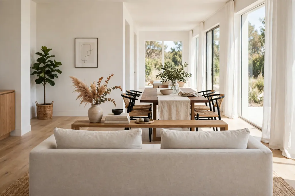 Sofa with its back to a dining table, a narrow console behind the sofa, in a long living dining room.