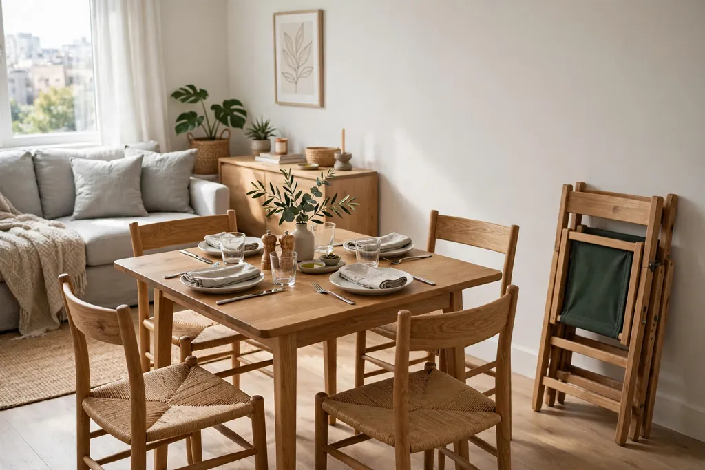 Compact extendable dining table in a small living dining room, set for four with extra chairs folded nearby.