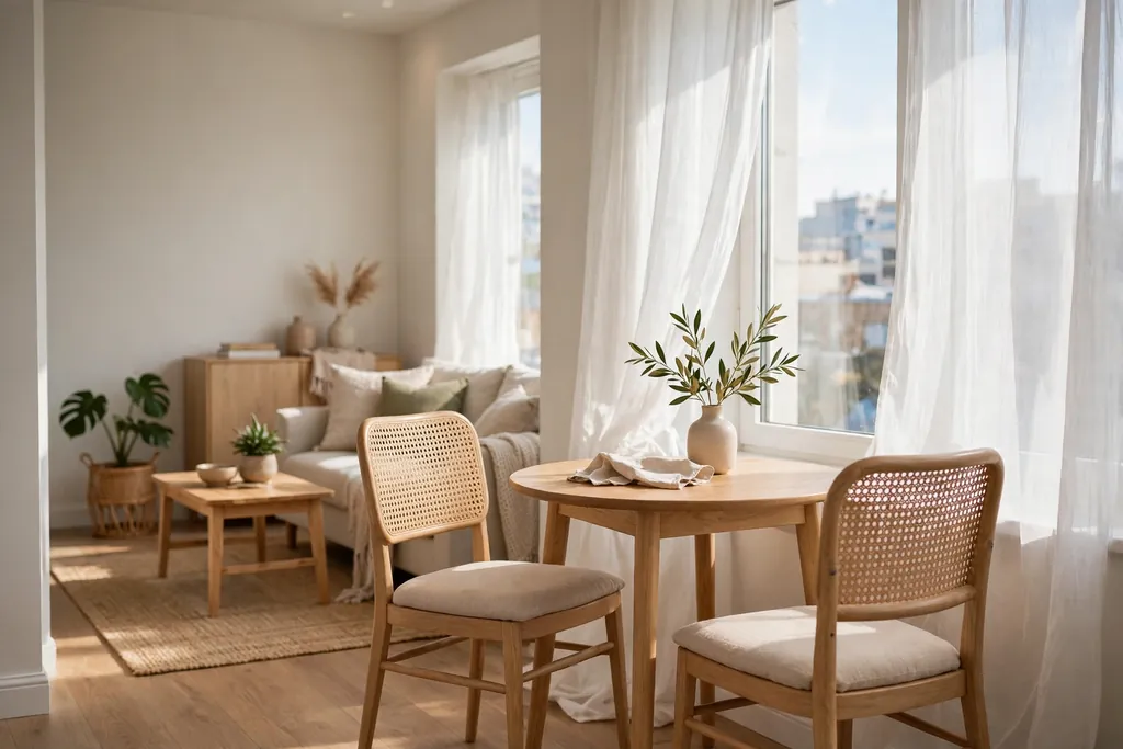 Small dining table and chairs beside a bright window, with the sofa area in the darker part of the same room.