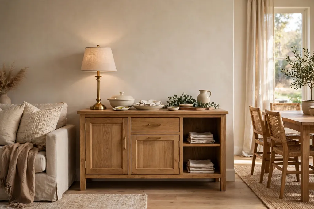 Sideboard against the wall between a sofa area and a dining table, with a lamp and serving dishes on top.