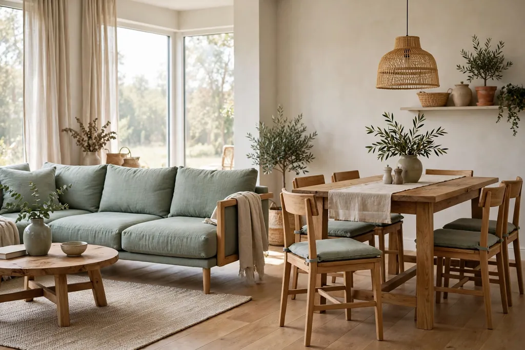 Living dining room with the same linen fabric on sofa cushions and dining chair seat pads.