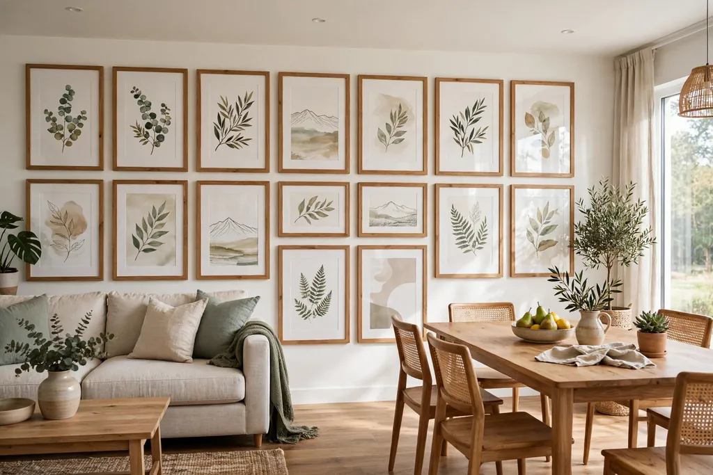 Gallery wall of matching frames spanning the wall shared by a sofa area and a dining table.