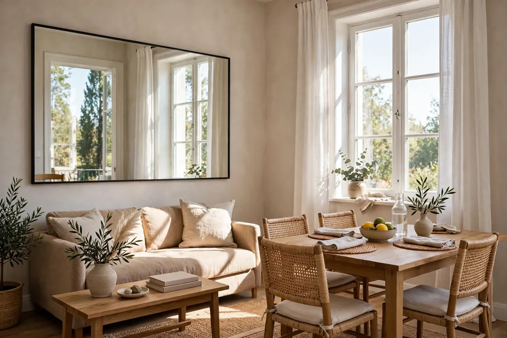Large mirror on the wall opposite a window, reflecting daylight across a small living dining room.