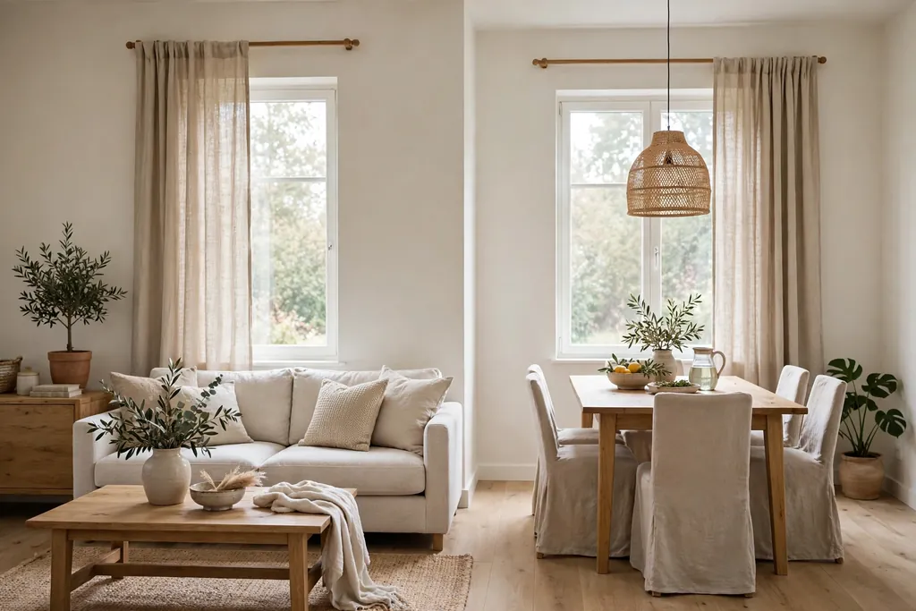 Living dining room with the same curtains on two windows, one over the sofa area and one over the dining area.