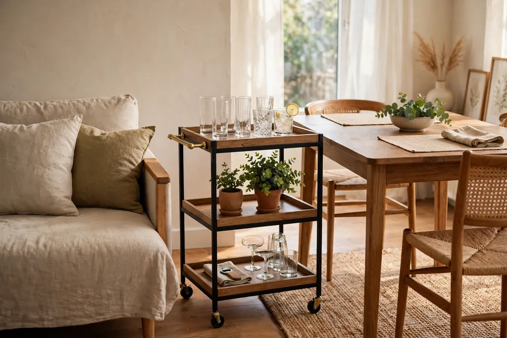 Small bar cart on wheels parked between a sofa and a dining table, with glasses and a plant on its shelves.
